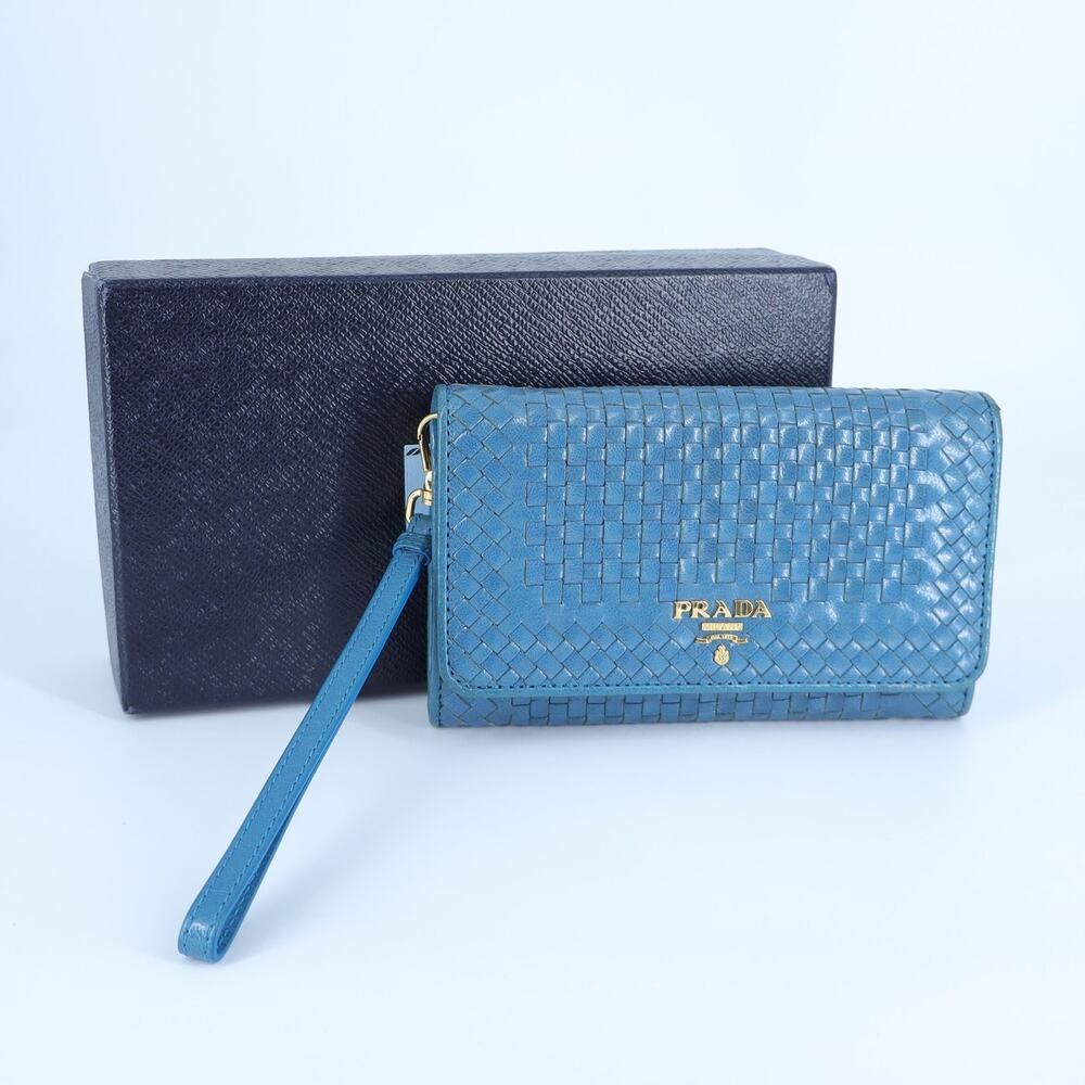 Prada Woven Leather Madras Wristlet Wallet Teal Purse Clutch Bag